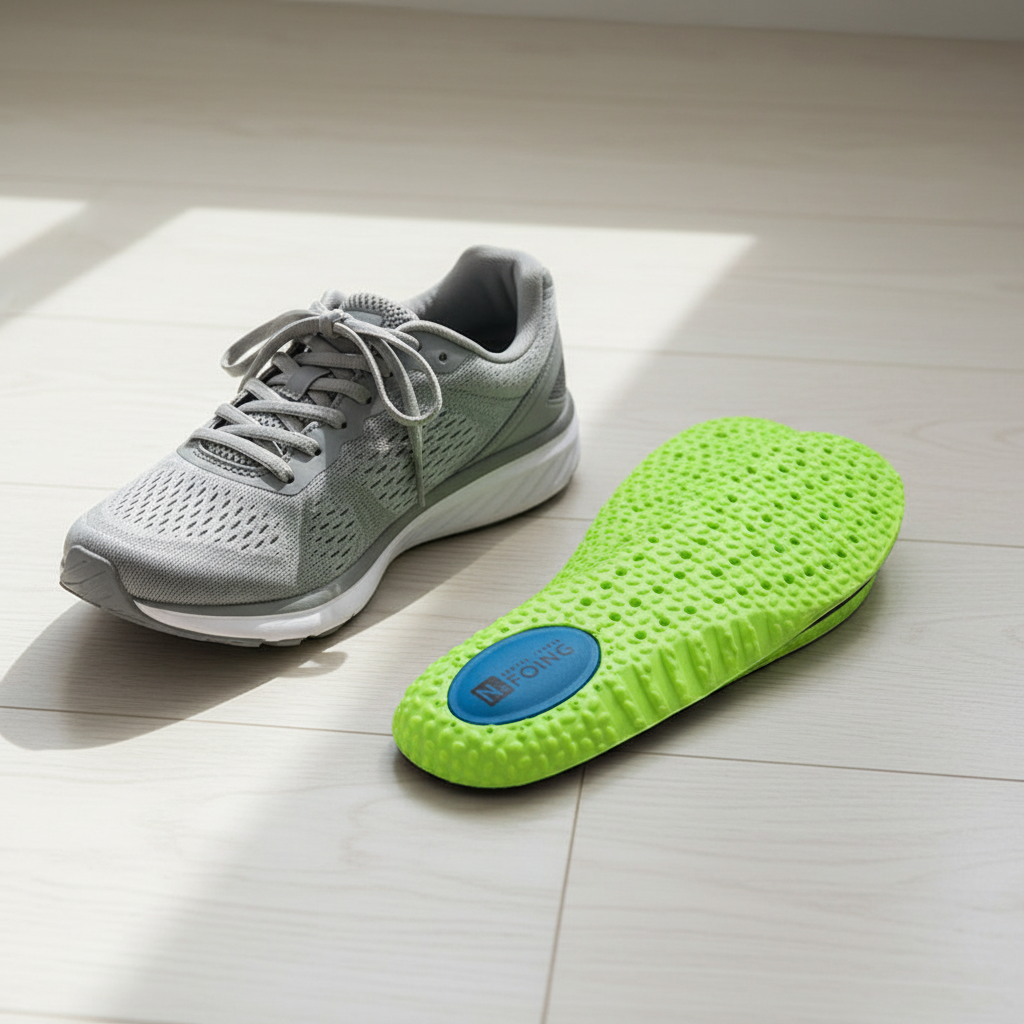 Semelles sport absorb-choc vertes posées à côté d'une chaussure blanche – confort et absorption des chocs