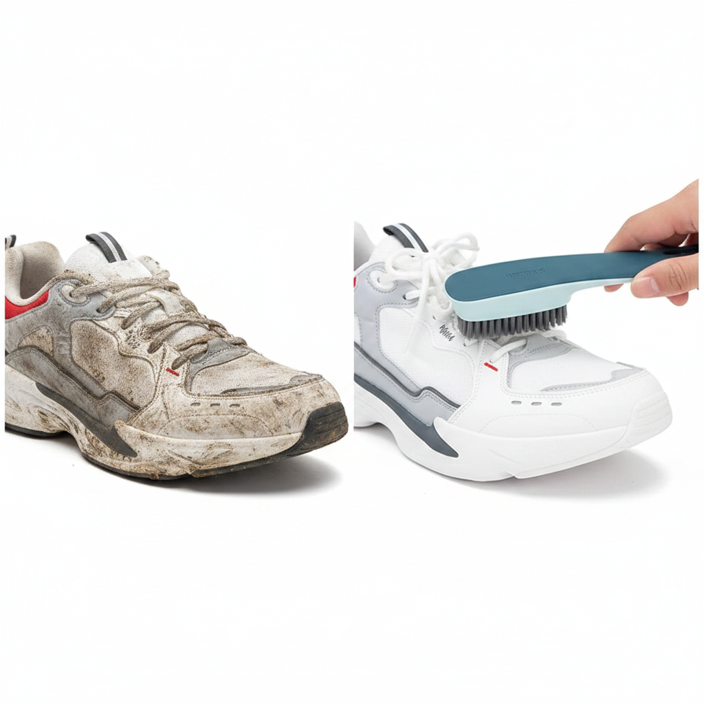 Brosse nettoyante chaussures – avant/après – sneaker sale vs sneaker blanche impeccable – Ledoscare