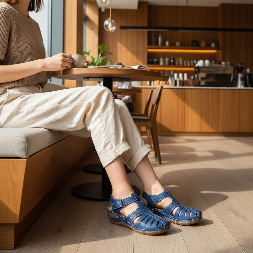 Femme portant des sandales orthopédiques Vulcane bleues dans un café urbain – style confort premium