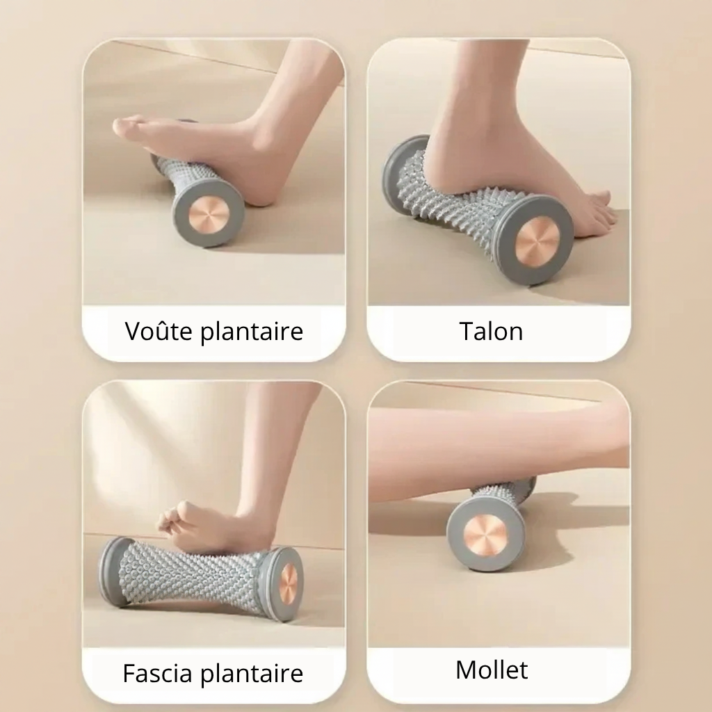 Rouleau de massage pieds – 4 zones : voûte plantaire, talon, avant-pied, mollet