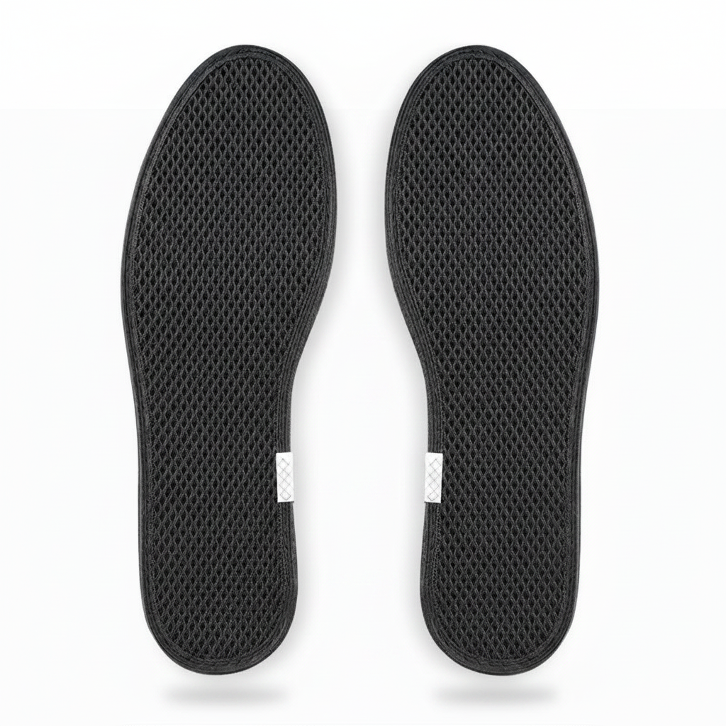 Paire de semelles bambou charbon actif noires – vue dessus fond blanc, maille respirante anti-odeur