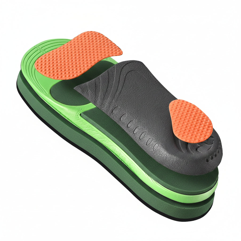 Semelles orthopédiques Z500 dessous et profil – base grise pads orange, soutien voûte plantaire et amorti