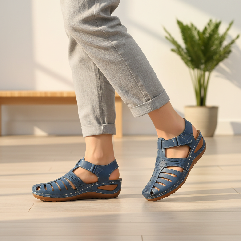 Sandales orthopédiques femme Vulcane bleues – intérieur minimaliste scandinave, légèreté et confort au quotidien