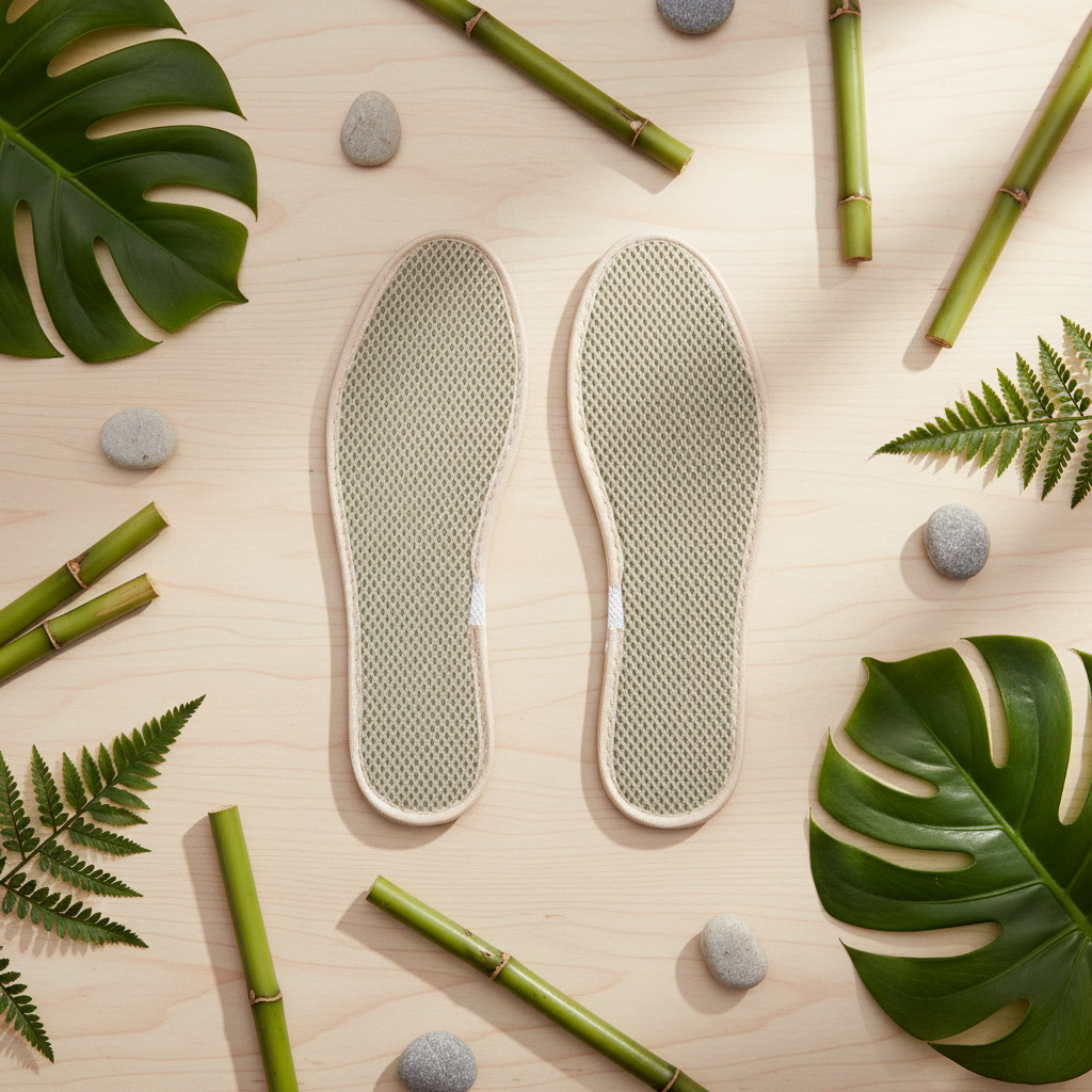 Semelles en bambou respirantes beiges – flat lay ambiance nature avec tiges de bambou, pierres et feuilles vertes