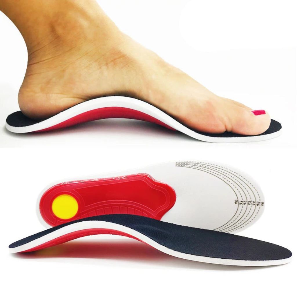 Semelles orthopédiques Z250 couches éclatées – coque rouge voûte plantaire, gel jaune, base grise anti-chocs et découpe libre EU35-45