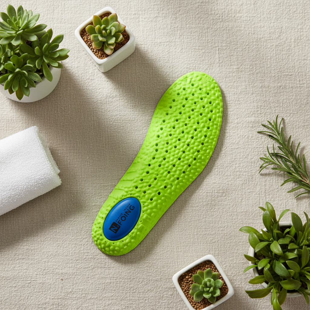 Semelles sport absorb-choc vertes flat lay sur lin naturel avec plantes – ambiance wellness et confort actif