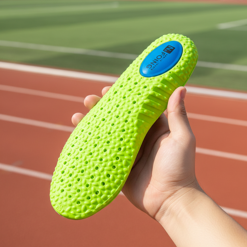 Semelle sport absorb-choc verte tenue en main sur piste de running – amorti choc et performance active