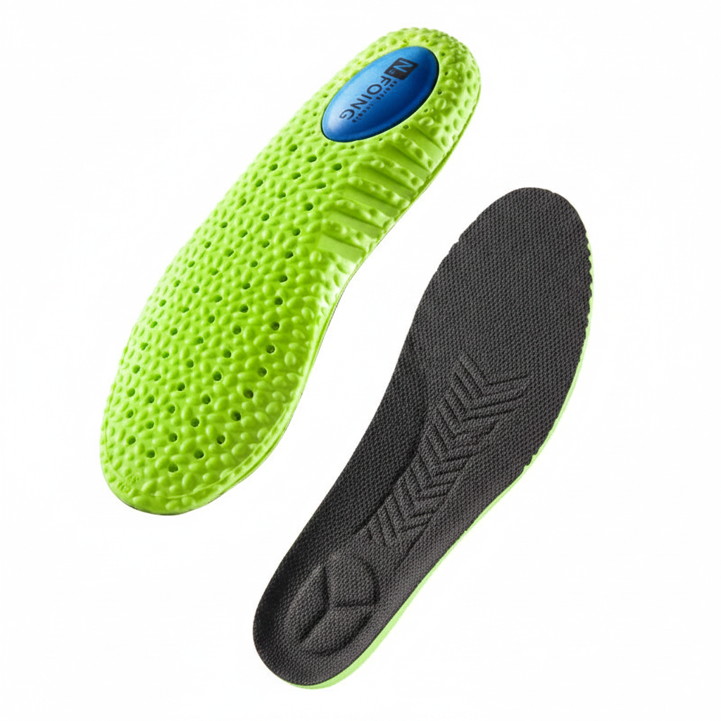 Semelles sport absorb-choc vert – paire recto/verso fond blanc, picots amortissants et pad talon bleu