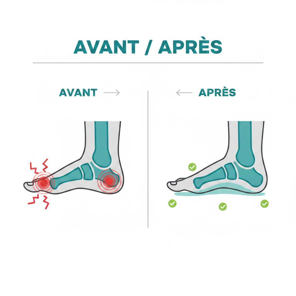 Semelles orthopédiques Z800 – avant/après – pied plat corrigé avec soutien de la voûte plantaire – Ledoscare