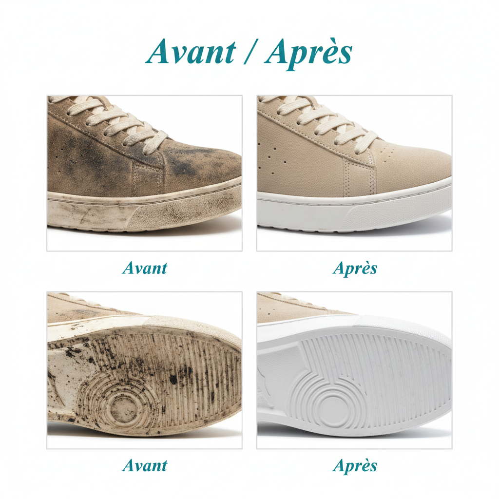 Gomme nettoyante chaussures – avant/après – daim et semelle caoutchouc nettoyés en quelques gestes – Ledoscare