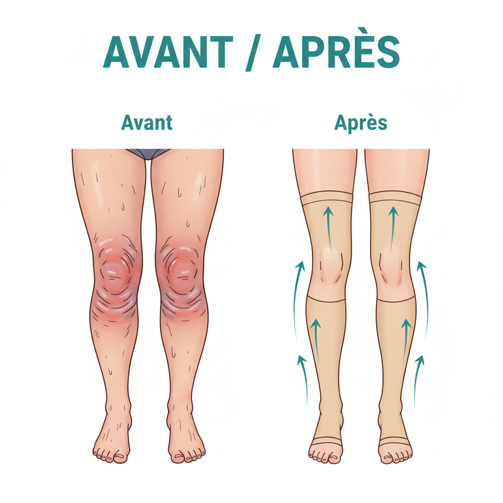 Bas de compression LegsCare – avant/après – jambes lourdes et gonflées vs jambes légères et reposées – Ledoscare