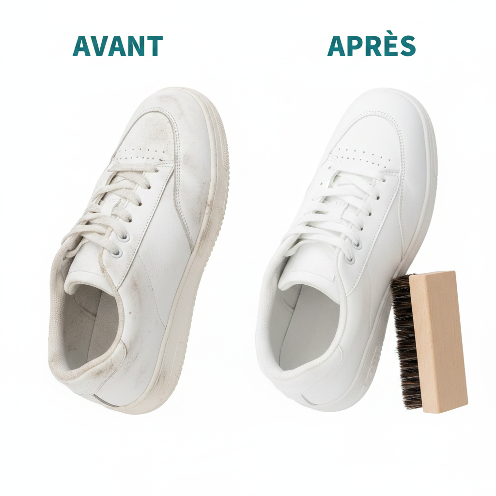 Brosse à chaussures bois – avant/après – sneaker sale vs sneaker blanche impeccable – Ledoscare