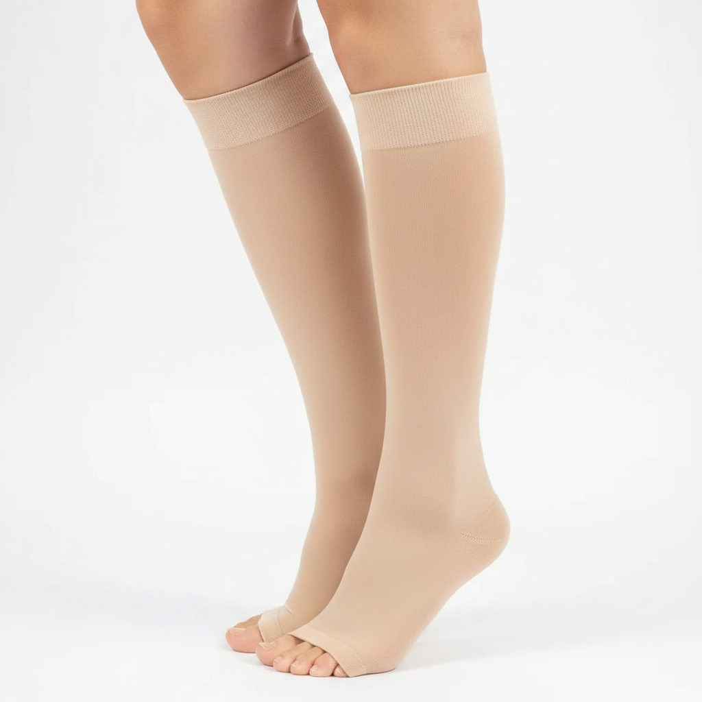 Bas de compression anti-fatigue beige bout ouvert – bande antidérapante – tailles S-M et L-XL – Ledoscare