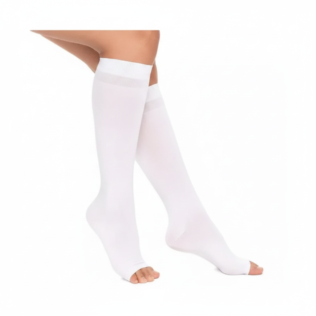 Bas de compression anti-fatigue blanc bout ouvert – bande antidérapante – tailles S-M et L-XL – Ledoscare