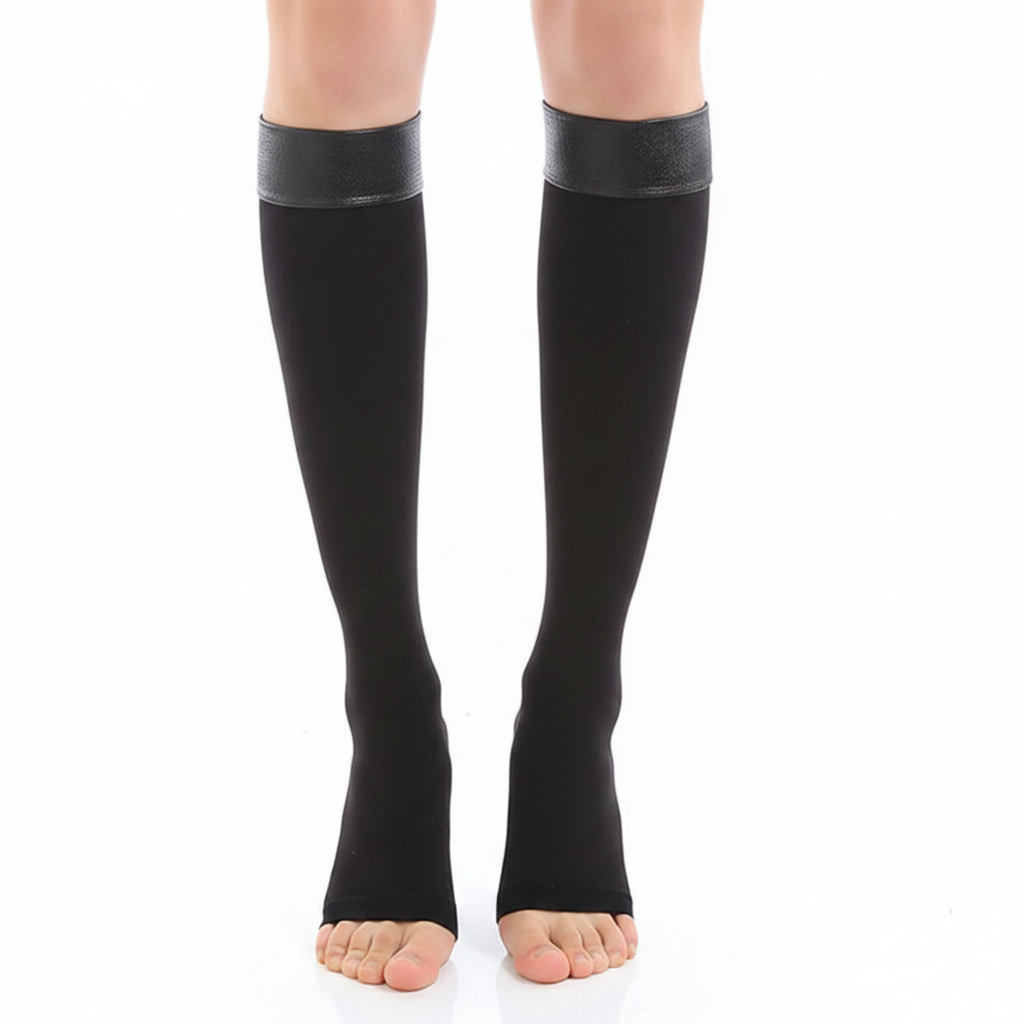 Bas de compression anti-fatigue noir bout ouvert – bande antidérapante – tailles S-M et L-XL – Ledoscare
