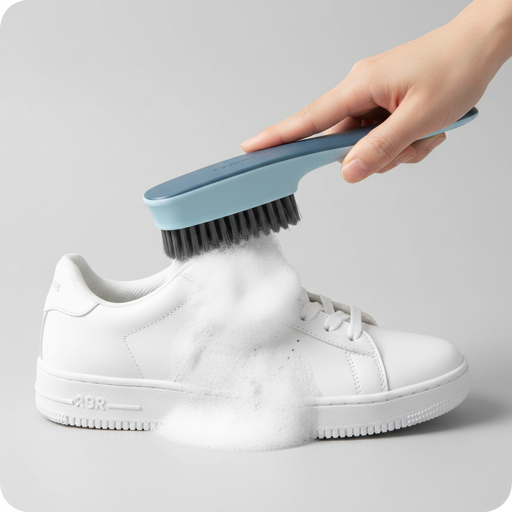 Brosse nettoyante chaussures utilisée avec mousse sur sneaker blanche – nettoyage en profondeur – Ledoscare