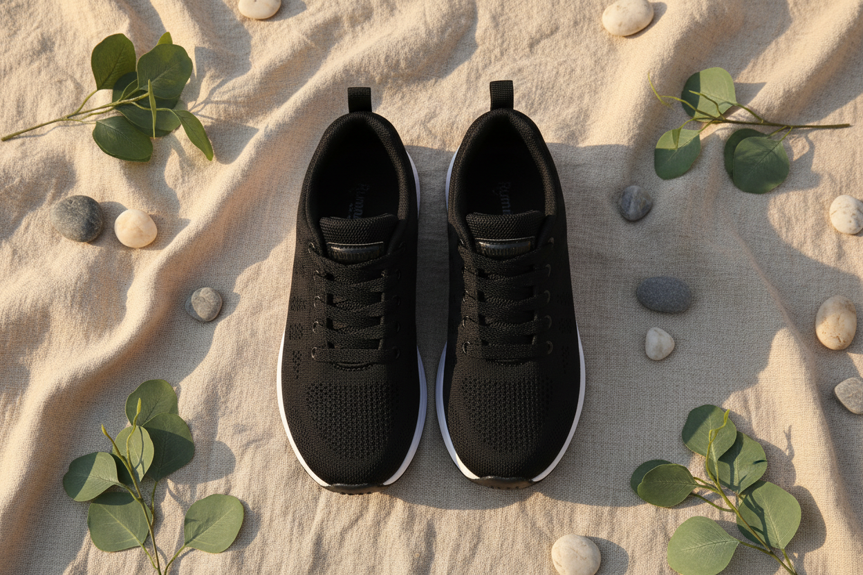 Chaussures CasualCare noires flat lay sur lin naturel avec feuilles d'eucalyptus – ambiance wellness spa premium, vue de dessus