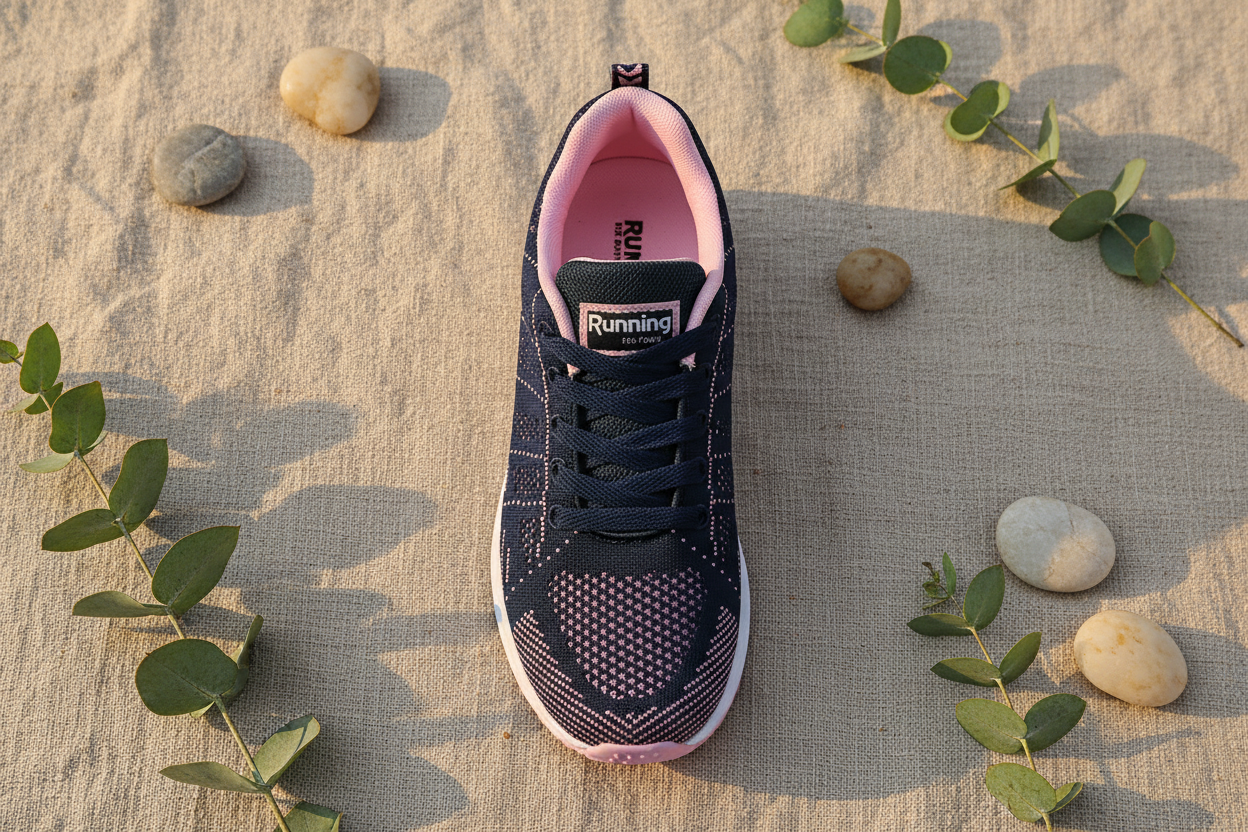 Chaussures CasualCare bleu marine flat lay sur lin naturel avec feuilles d'eucalyptus – ambiance wellness premium, vue de dessus