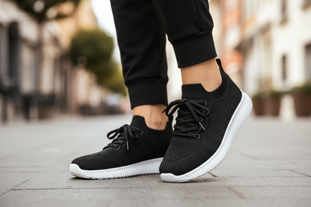 Femme en marche urbaine portant les chaussures CasualCare noires – gros plan pieds et jambes, style casual chic et confort