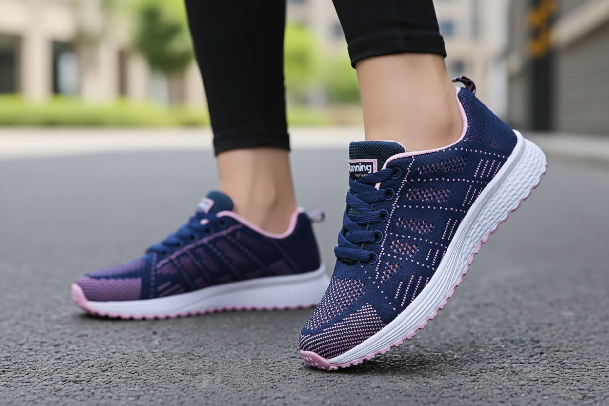 Femme en marche urbaine portant les chaussures CasualCare bleu marine – gros plan pieds et jambes, mesh respirant et amorti EVA