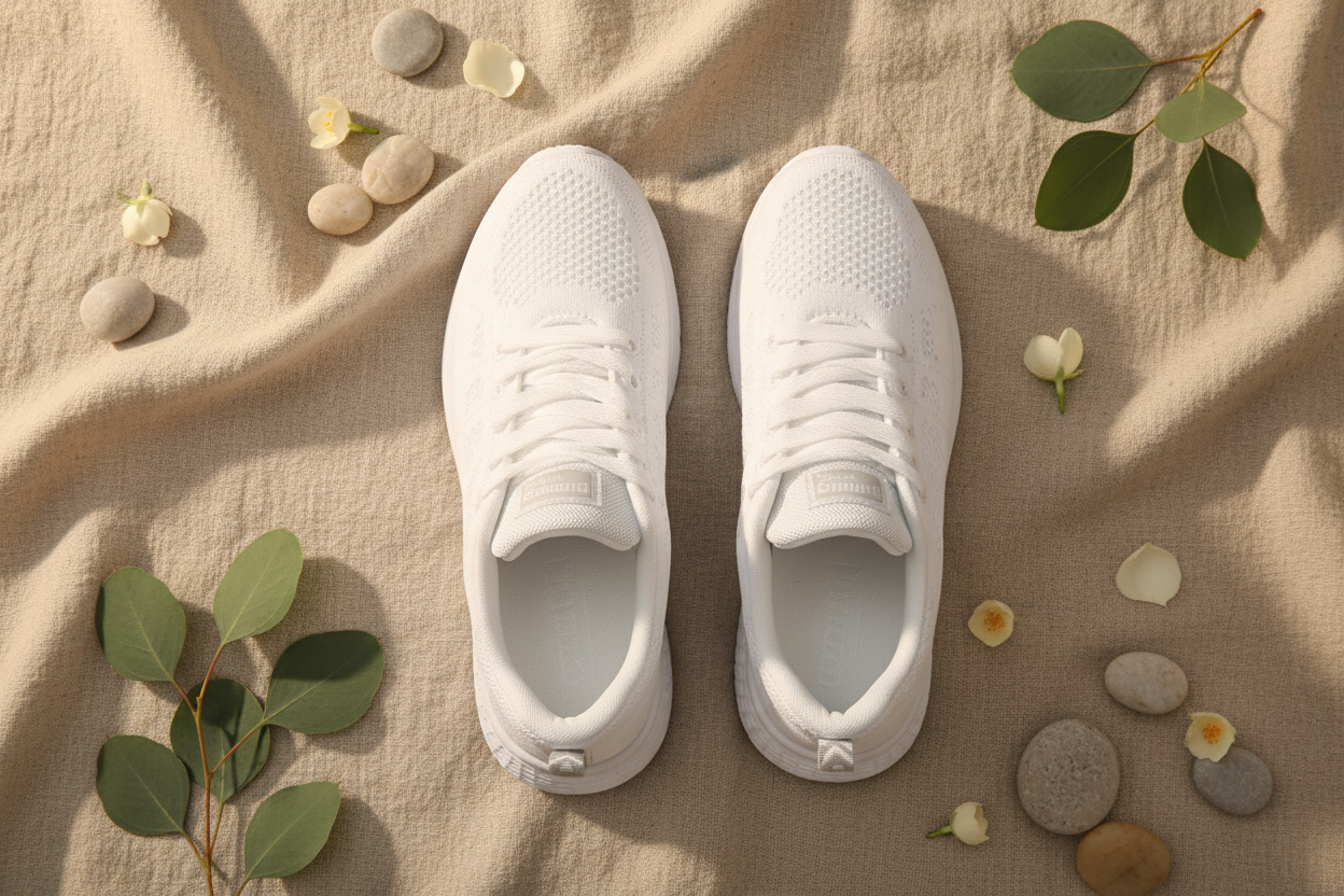 Chaussures CasualCare blanches flat lay sur lin naturel avec feuilles d'eucalyptus – ambiance wellness spa premium, vue de dessus