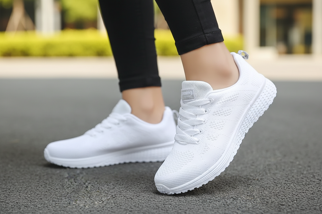 Femme en marche urbaine portant les chaussures CasualCare blanches – gros plan pieds et jambes, confort et légèreté au quotidien