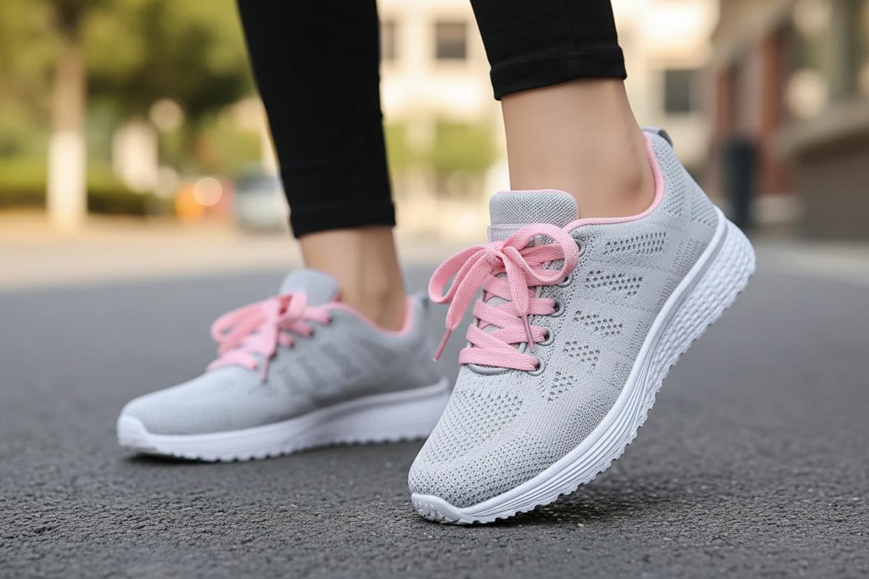 Femme en marche urbaine portant les chaussures CasualCare rose/gris – gros plan pieds et jambes, légèreté et confort féminin