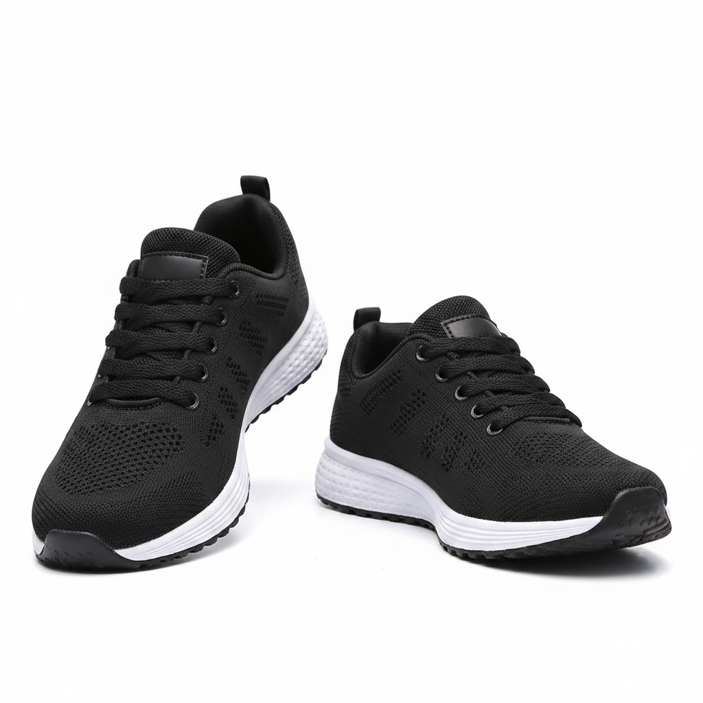 Chaussures de marche femmes CasualCare noires – paire vue dessus et 3/4, mesh knit noir et semelle blanche, fond blanc studio