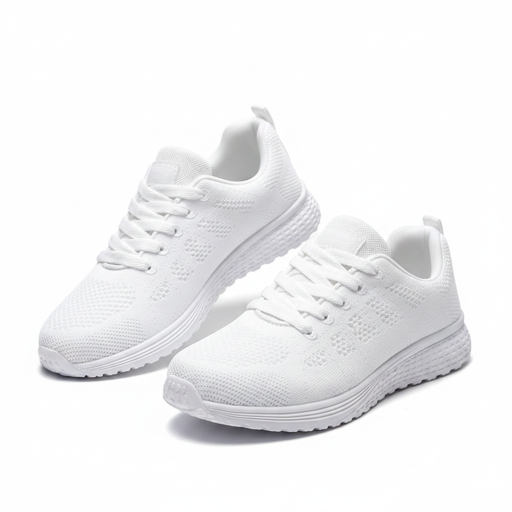 Chaussures de marche femmes CasualCare blanches – paire vue dessus et 3/4, mesh knit ajouré et semelle EVA blanche, fond blanc studio