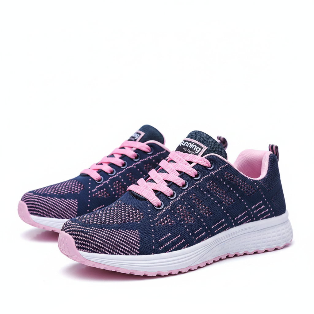 Chaussures de marche femmes CasualCare bleu marine – paire vue dessus et 3/4, mesh knit bleu marine accents roses et semelle blanche, fond blanc studio