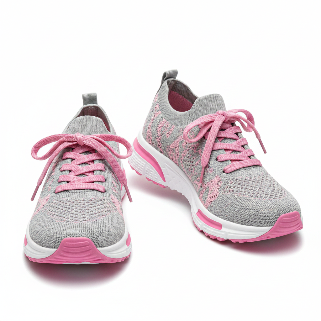 Chaussures de marche femmes CasualCare rose/gris – paire vue dessus et 3/4, mesh knit gris lacets roses et semelle rose, fond blanc studio
