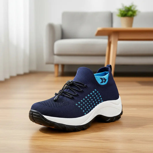 Chaussures orthopédiques Airdrive Bleu – Semelle blanche, tige tricot, accents bleu clair, confort podologique
