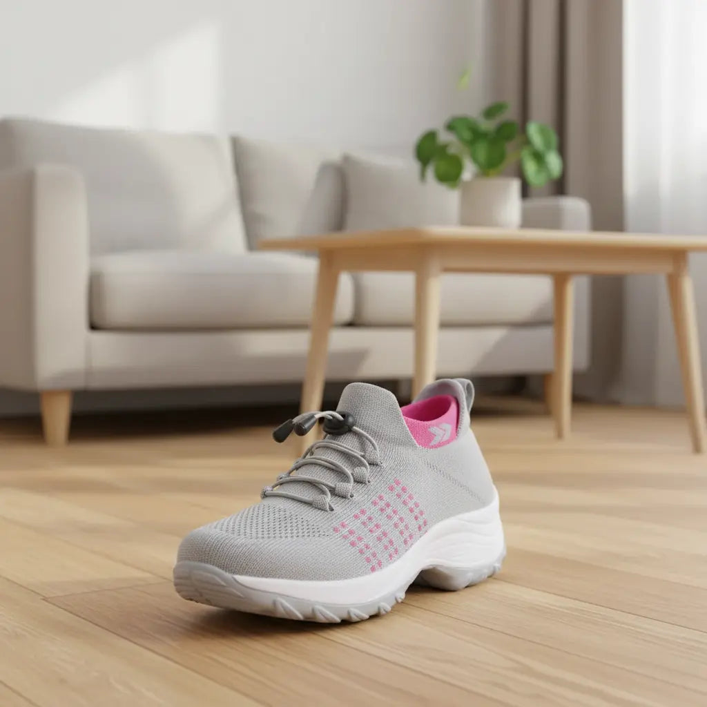 Chaussures orthopédiques Airdrive Gris – Semelle blanche, tige tricot, accents rose, confort podologique