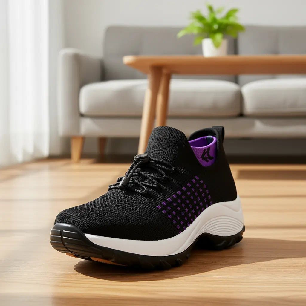 Chaussures orthopédiques Airdrive Noir – Semelle blanche, tige tricot, accents violet, confort podologique