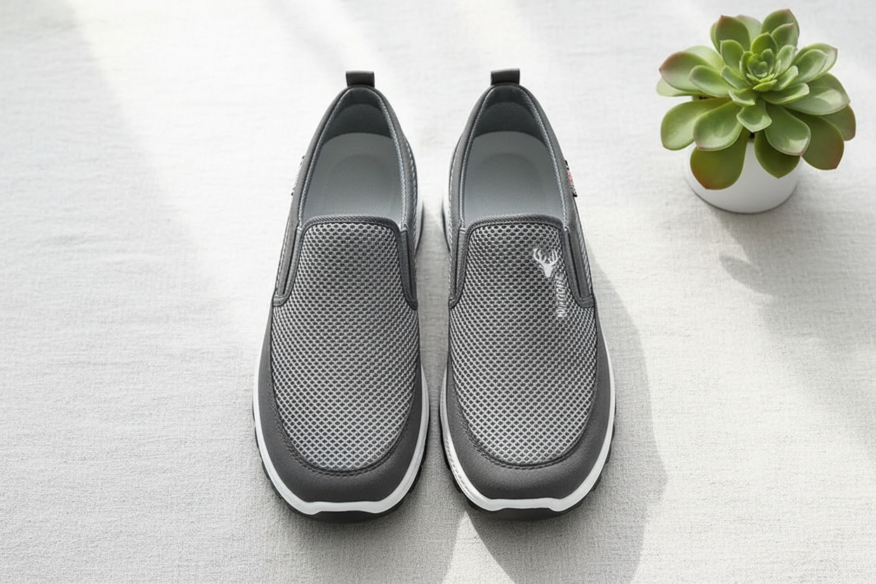 Chaussures Conforcare grises flat lay – design mesh léger sur lin blanc