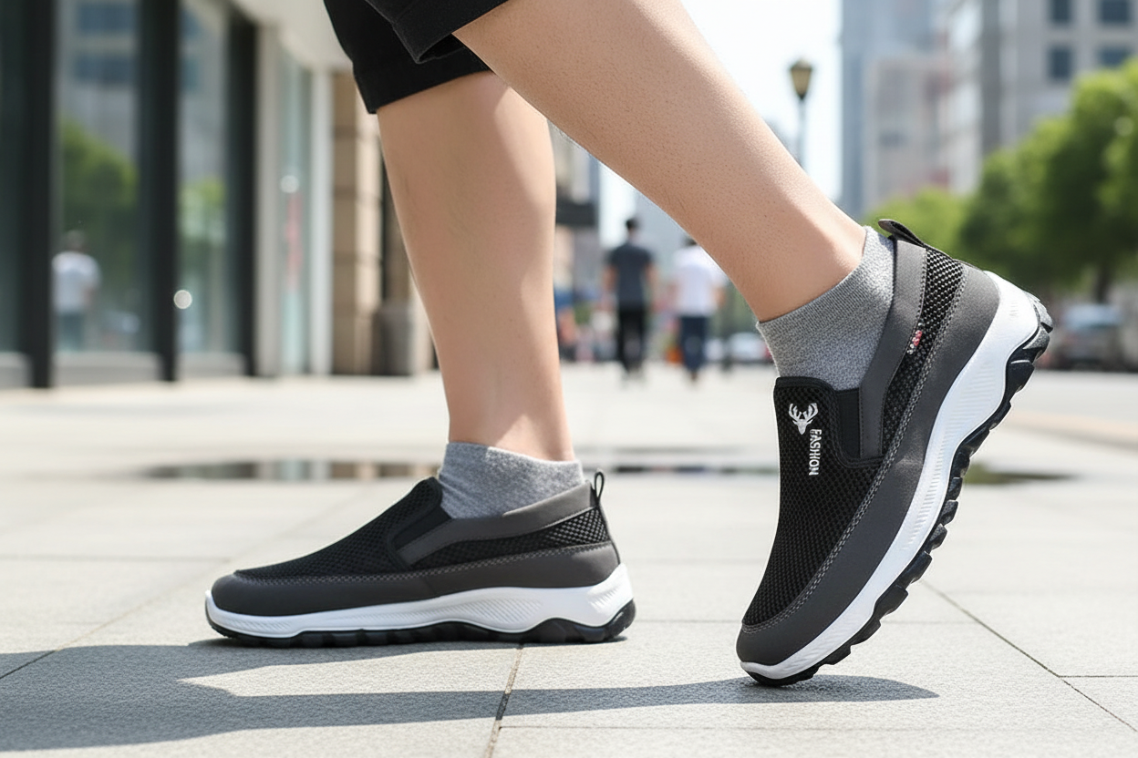Chaussures Conforcare noires lifestyle – marche urbaine confortable, slip-on sans lacets