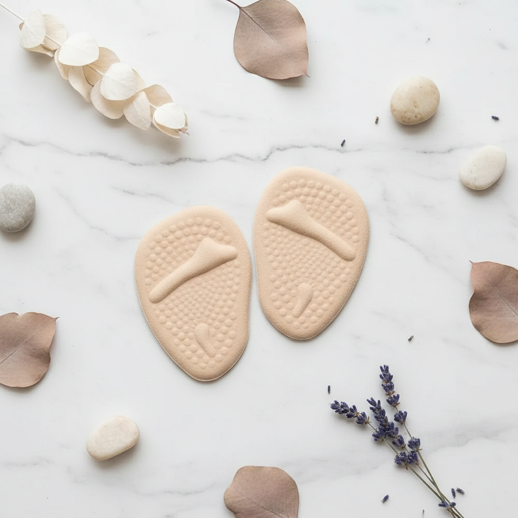 Coussinets métatarsiens beige — lifestyle flat lay marbre et fleurs séchées — Ledoscare