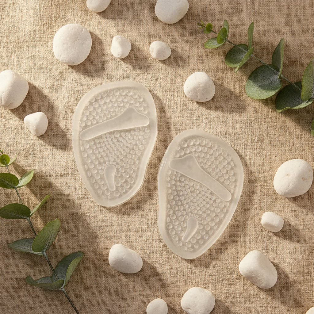 Coussinets métatarsiens — lifestyle flat lay lin et plantes — Ledoscare
