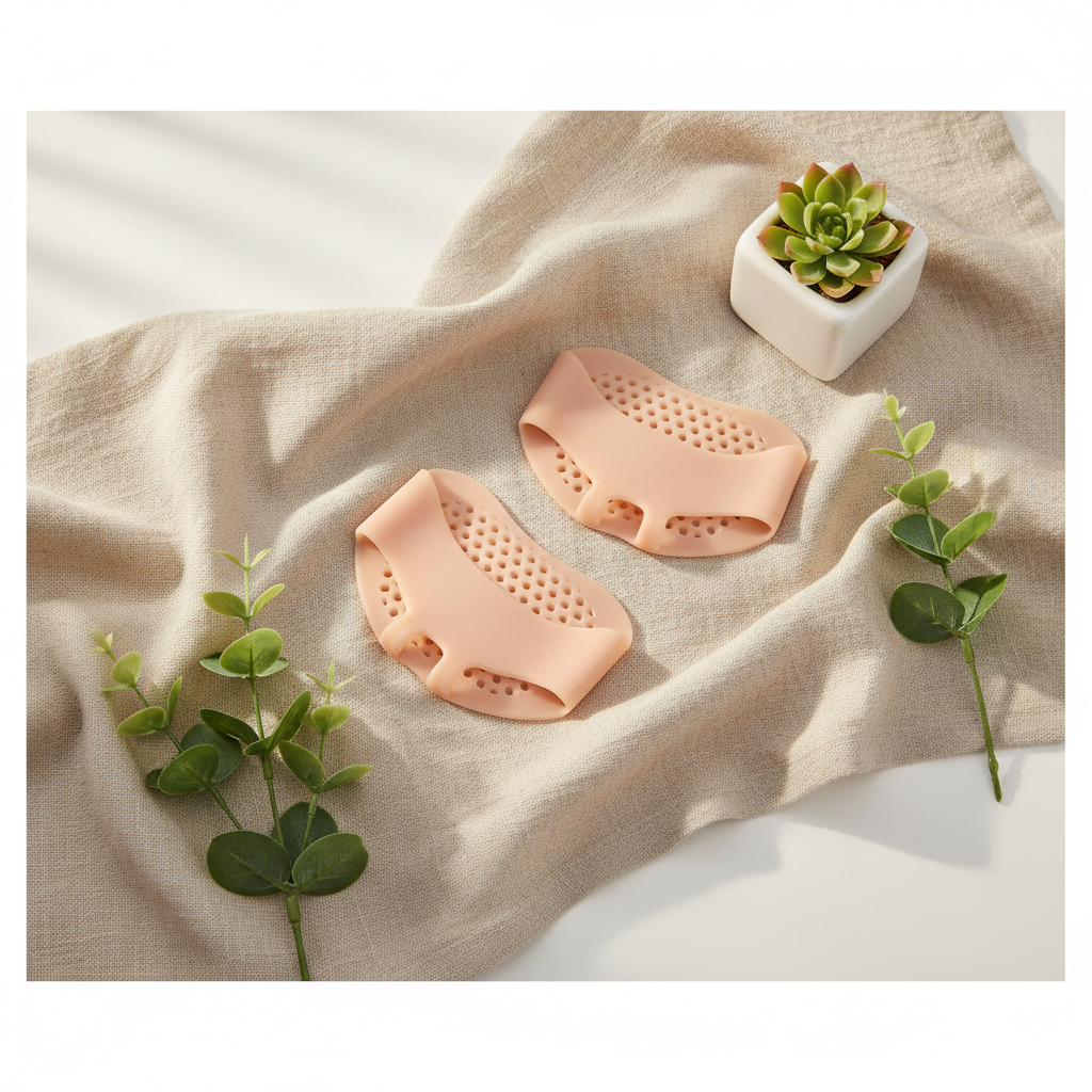 Coussin protecteur métatarse en silicone nude porté sur l'avant-pied – profil latéral, maintien anatomique et texture alvéolée
