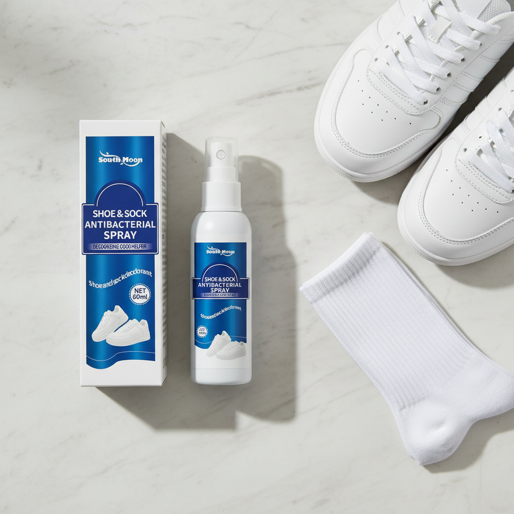 Spray anti-odeur chaussures – flat lay fond lin naturel – ambiance wellness – Ledoscare