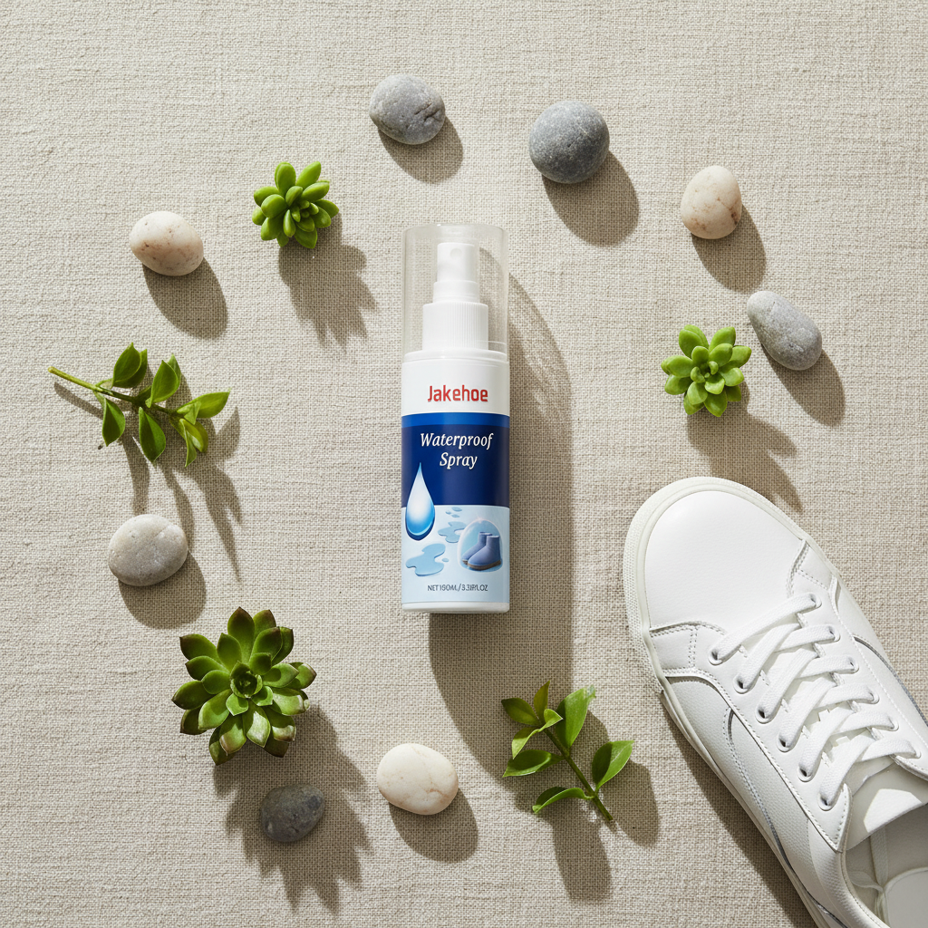 Spray imperméabilisant chaussures – flat lay fond lin naturel avec plantes – ambiance wellness – Ledoscare
