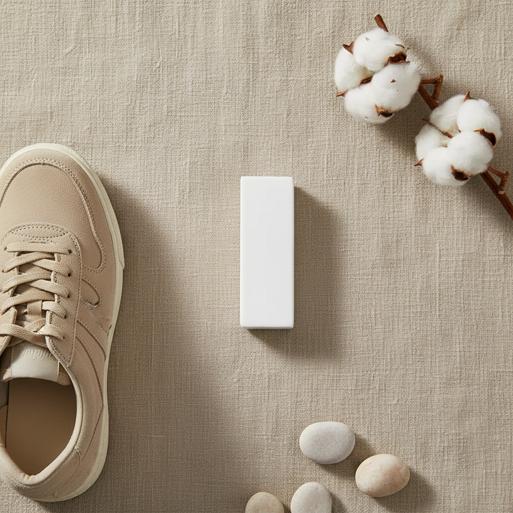 Gomme nettoyante chaussures daim – flat lay fond lin naturel – ambiance soin et entretien – Ledoscare