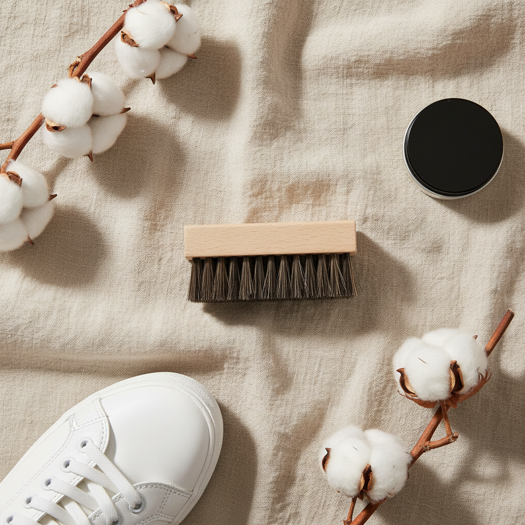 Brosse à chaussures en bois de hêtre – flat lay fond lin naturel – ambiance entretien premium – Ledoscare