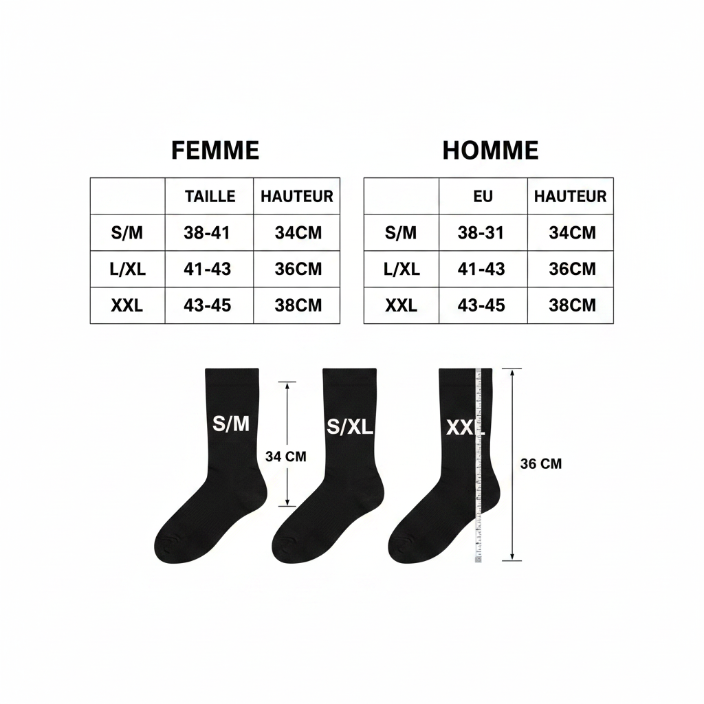 Guide des tailles chaussettes de compression – femme et homme – S/M EU 38-41, L/XL EU 41-43, XXL EU 43-45