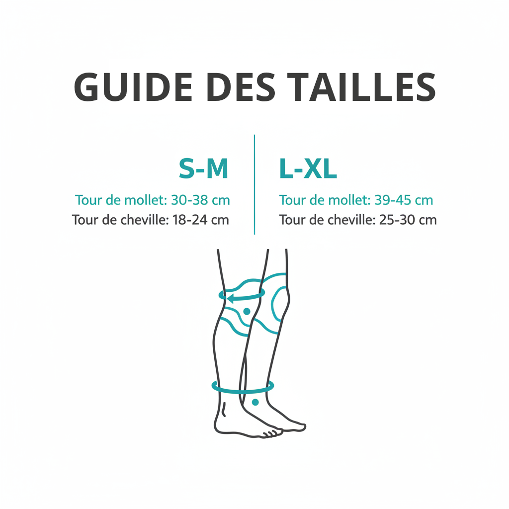 Guide des tailles bas de compression LegsCare – S-M et L-XL – mesures tour de mollet et cheville – Ledoscare