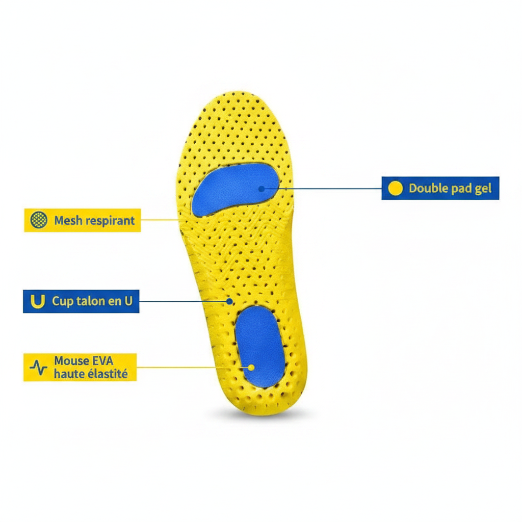 Infographique semelles sport Hyperion – mesh respirant, double pad gel bleu, cup talon en U et mousse EVA haute élasticité