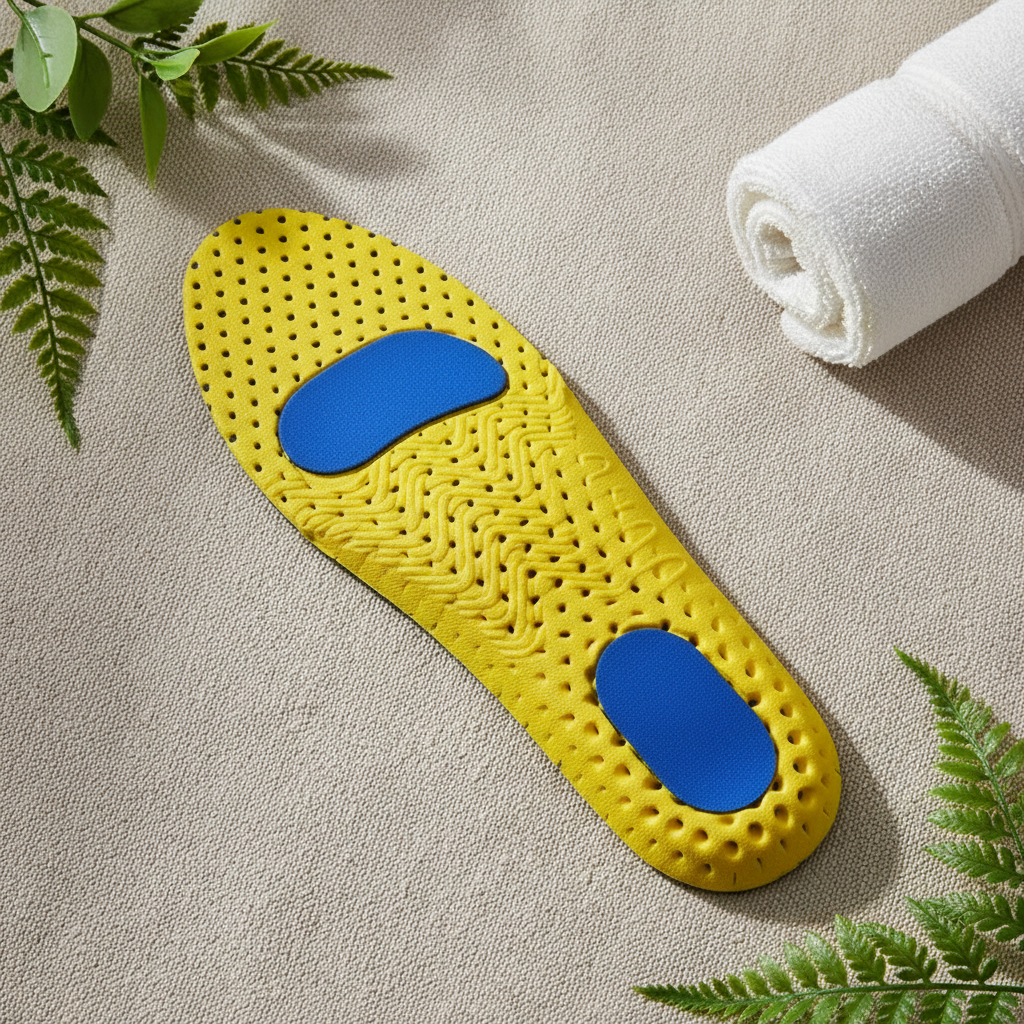 Semelles sport Hyperion jaunes flat lay sur lin naturel avec plantes – ambiance wellness et confort actif