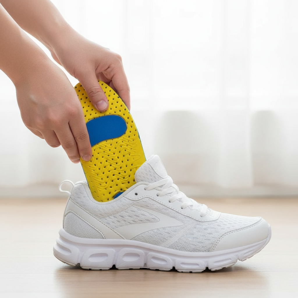 Insertion semelles sport Hyperion jaunes dans une chaussure de running – gros plan mains, absorption des chocs et confort
