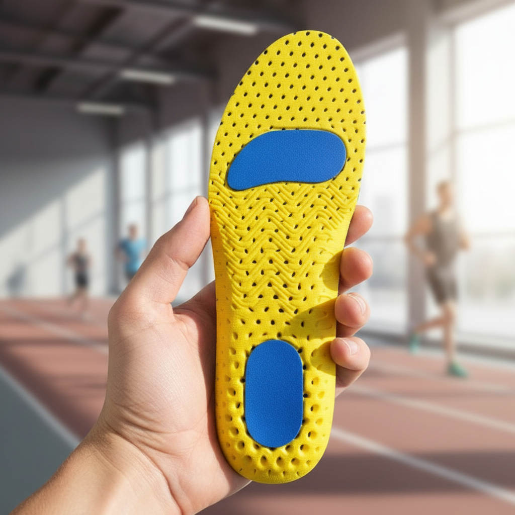 Semelles sport Hyperion jaunes tenues en main devant une salle de sport – amorti choc et confort actif