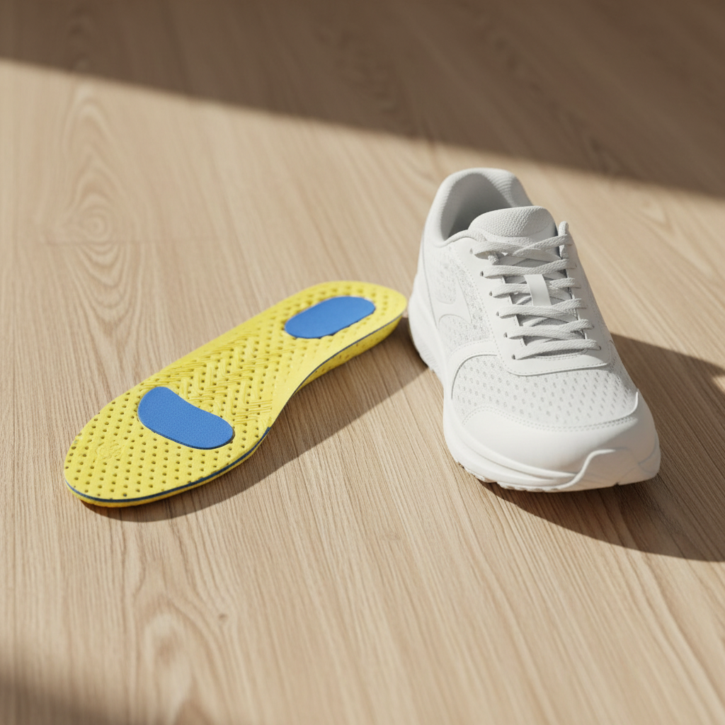 Semelles sport Hyperion jaunes posées à côté d'une chaussure de running – amorti et confort actif